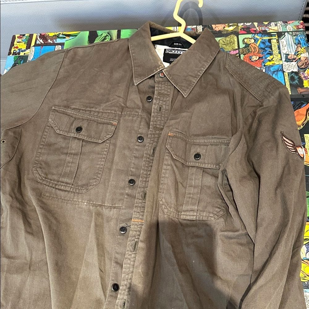 Billabong Olive Button-Up work military Shirt medium slim vintage Y2K